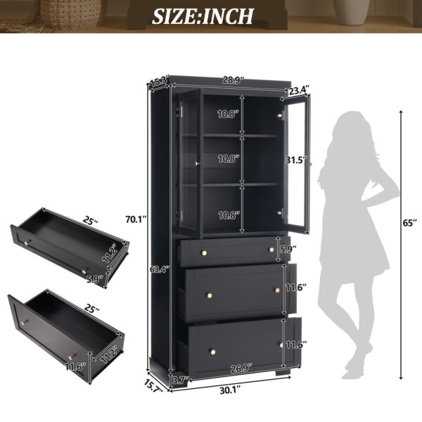 70.1" Modern High Freestanding Tall Bathroom Cabinet with 2 Adjustable Shelves, 3 Drawers, Soft Close Glass Doors – Ideal for Bathroom, Living Room, Kitchen Storage