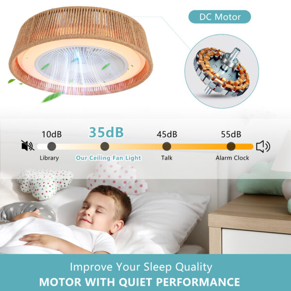 21" Modern Rustic Ceiling Fan Light with LED RGB Mood Lighting, Rope Woven Design, Quiet Fan, Semi Flush Mount for Bedroom, Living Room, or Dining Room ((Silent/6-Speed/Reversible/DC Motor))