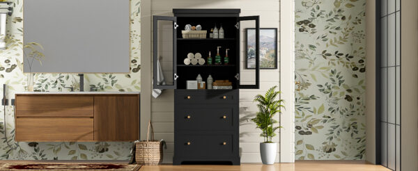 70.1" Modern High Freestanding Tall Bathroom Cabinet with 2 Adjustable Shelves, 3 Drawers, Soft Close Glass Doors – Ideal for Bathroom, Living Room, Kitchen Storage