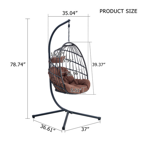 Indoor Outdoor Egg Swing Chair with Stand, Patio Grey Wicker Rattan Hanging Chair with Rope Back, Cushion,Cover,All Weather Foldable Hammock Chair for Bedroom, Porch, Garden