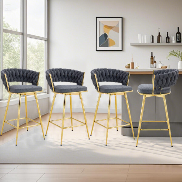 Two-piece rotating swivel chair, Dark gray cotton and linen soft seat, golden metal legs, rust-proof and wear-resistant, suitable for restaurant/bar high tables, lightweight single unit