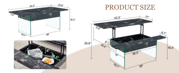 41a4539d61904f4bb6fcfaf32622efcd_1754721b88fe20369105e6dcce6a6589 Multifunctional Lift Top Coffee Table -Black Marble Pattern, Essential for Modern Homes.Tempered Glass Legs,Multiple Color Options,Lift Top Feature.Perfectly Fitting Into Both Living Rooms And Office.