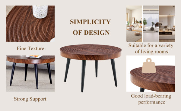 41ada200f33246b495d963859b812bed_0c1a53c22b45ec2b8a597f6e328c8fe3 Modern Round Coffee Table - Annular Texture, Durable and Robust With a Diameter of 23.6 inches.Exquisite Suction Molding Process,Walnut Color Pattern Design,Black Sprayed Metal Leg.