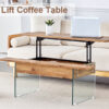 Multifunctional Lift Top Coffee Table -Light Wood Color Grain Sticker, Essential for Modern Homes.Tempered Glass Legs,Lift Top Feature.Perfectly Fitting Into Living Rooms And Office.