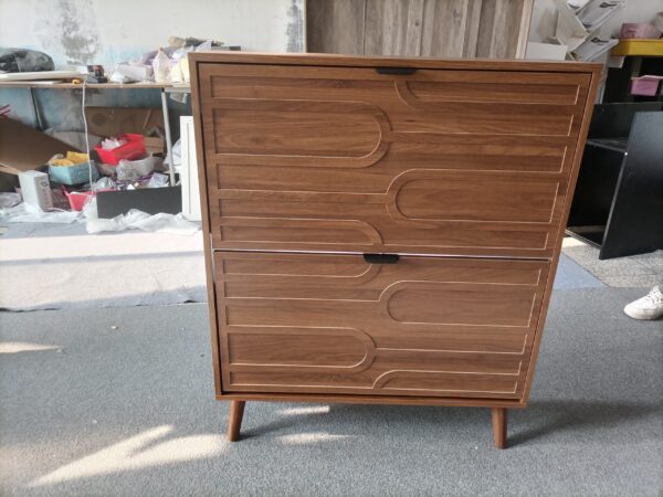 Medieval Modern Independent Shoe Cabinet, 31.5-inch Walnut Shoe Storage Cabinet,, Fence Shoe Cabinet with 2 Flip Drawers, Suitable For Corridors And Entrances