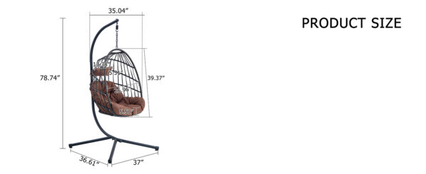 Indoor Outdoor Egg Swing Chair with Stand, Patio Grey Wicker Rattan Hanging Chair with Rope Back, Cushion,Cover,All Weather Foldable Hammock Chair for Bedroom, Porch, Garden