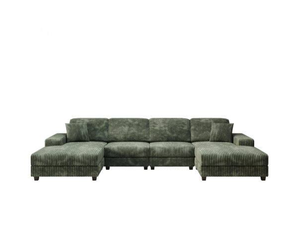 Convertible U-shaped Combination Sofa, Corduroy Fabric, Modern Comfortable Large Size 4 Seat Sofa, Living Room Double Lounge Chair ,Green