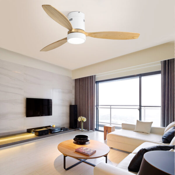 (Same as W882P244711) 52 Inch Flush Mount Ceiling Fan DC 3 Solid Wood Fan Blade Noiseless Reversible Motor Remote Control With Light