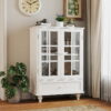 Minimalist White Buffet Cabinet with Double Glass Doors and Drawer, Modern Wooden Storage Sideboard Cupboard for Living room, Dining Room Hallway Entryway