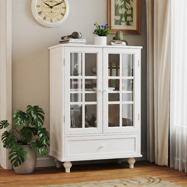 43ba19def0f04613852445c4b838ea99_8605408dd4fa99bf2deb03b0754432e1 Minimalist White Buffet Cabinet with Double Glass Doors and Drawer, Modern Wooden Storage Sideboard Cupboard for Living room, Dining Room Hallway Entryway
