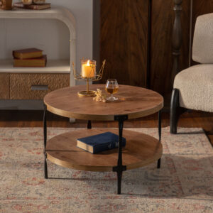 Round two-ply Coffee Table Handcrafted Relief Sturdy Pedestal Wooden Olive-Shaped Tea Table for Living Room