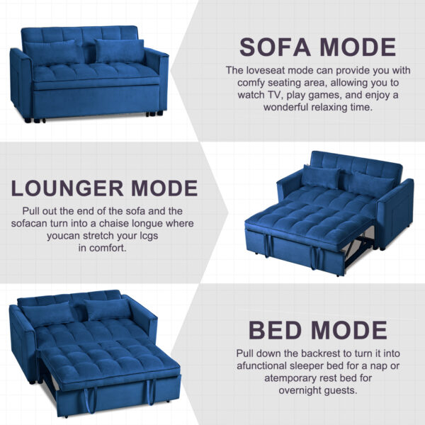 3 in 1 Convertible Sleeper Sofa Bed, Modern Pull Out Couch Bed, Adjustable Backrest, Velvet Loveseat Futon Sofa with Pillows & Pockets for Living Room Apartment, Blue