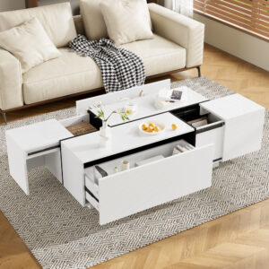 U-Can 47.2''-72.7'' Extendable Coffee Table, Multi-Functional Coffee Table with High-Gloss Finish, Coffee Table with 2 Hidden Storage Space and 2 Drawers for Living Room
