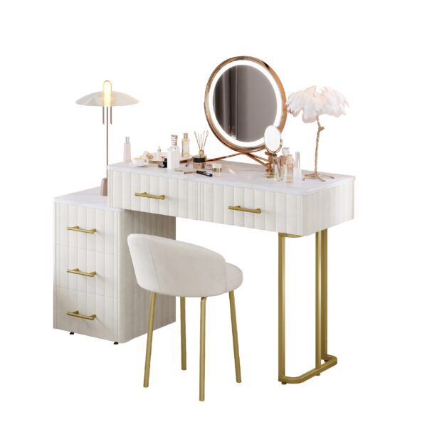 Velvet Upholstered Vanity Desk with Chair, Vanity Set with 5 Big Drawers, Makeup Table with Padded Chair, Marble-Look Sticker Top Dressing Table with Left/Right Adjustable Storage, Beige