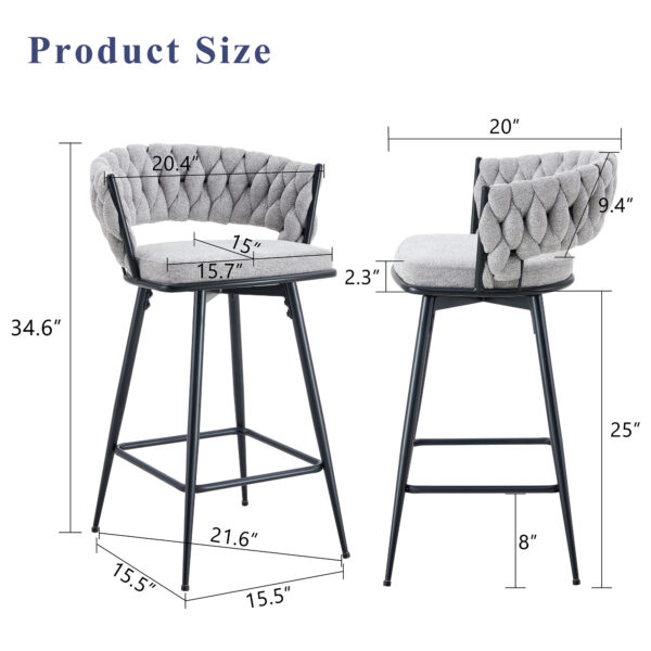 Set of 2 Swivel Bar Stools with Breathable Linen Cushions - Light Gray Seat & Black Iron Frame, Counter Height Stools for Kitchen Island, Dining or Pub