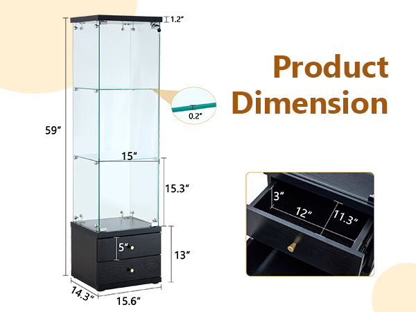 American-Style Non-Lit Glass Display Cabinet (0.2" Tempered Glass) – Soft-Close Drawer Slides  3 Adjustable Shelves, Ideal for Display & Storage