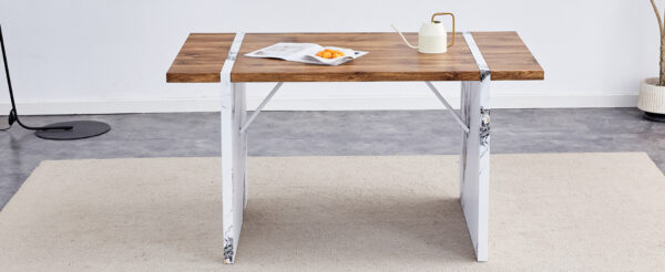 45c173d9522d45b7aec3c47c154021d0_920f631f0c6aed0f53c180070cf61e5c Natural Wood Grain MDF Dining Table - 55"x31.5" Stable Design.Suitable For Various Modern Home Decor Styles.Splicing structure design,Wood Textured Desktop,White Marble Patterned Table Legs.