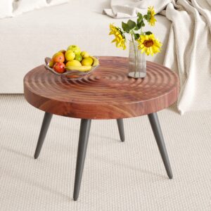 Modern Round Coffee Table - Annular Texture, Durable and Robust With a Diameter of 23.6 inches.Exquisite Suction Molding Process,Walnut Color Pattern Design,Black Sprayed Metal Leg.