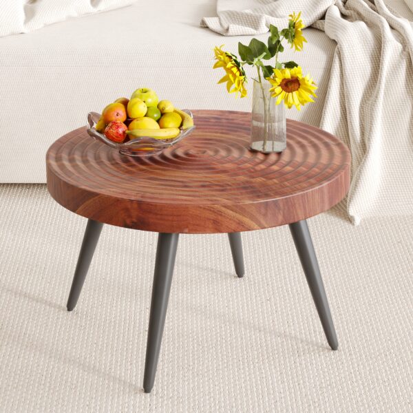 45eccbcbbab7415f9182061978796dd2_68ca736b7995a020a98a2642ee5ec281 Modern Round Coffee Table - Annular Texture, Durable and Robust With a Diameter of 23.6 inches.Exquisite Suction Molding Process,Walnut Color Pattern Design,Black Sprayed Metal Leg.