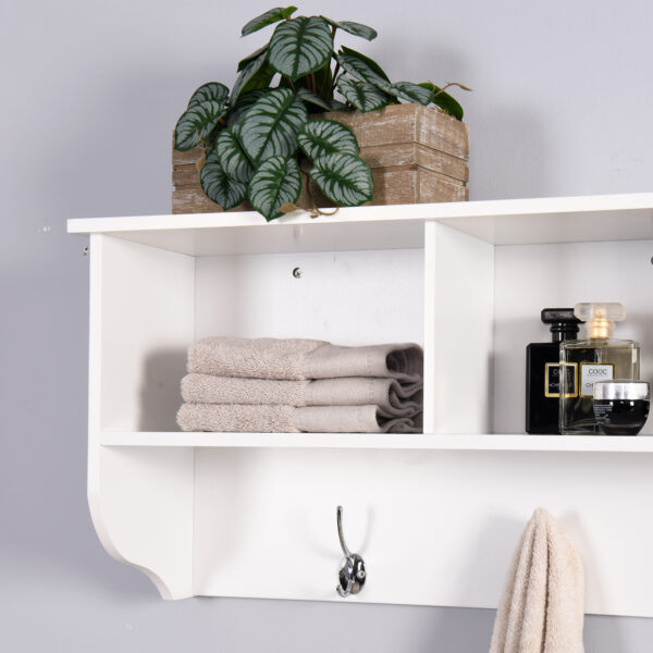 46589c56c94b405597a274fce7e102db_20220128_7130f5693816e684f034ec963c185829 White Entryway Wall Mounted Coat Rack with 4 Dual Hooks Living Room Wooden Storage Shelf