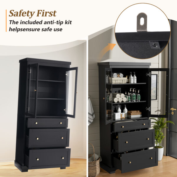 70.1" Modern High Freestanding Tall Bathroom Cabinet with 2 Adjustable Shelves, 3 Drawers, Soft Close Glass Doors – Ideal for Bathroom, Living Room, Kitchen Storage