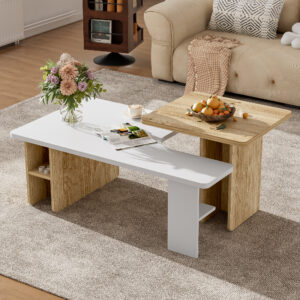 U-Can Set of 2 Nesting Coffee Tables Farmhouse,Rectangle Coffee Table Living Room,Wood Finish Coffee Table Set, Small Coffee Tables, Sofa Side Table for Living Room