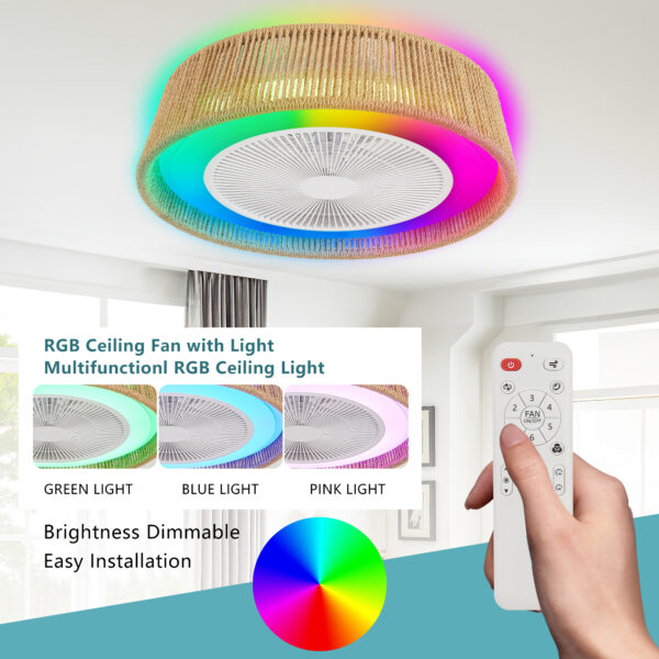 21" Modern Rustic Ceiling Fan Light with LED RGB Mood Lighting, Rope Woven Design, Quiet Fan, Semi Flush Mount for Bedroom, Living Room, or Dining Room ((Silent/6-Speed/Reversible/DC Motor))