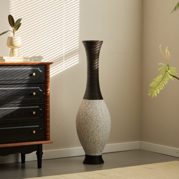 476ce348381c4d5db56234e909d5fb1a_ba1db7a70eb6a20face6900199911e09 39-Inch Tall Standing Designer Floor Vase - Durable Artificial Rattan - Elegant Two-Tone Dark Brown Finish - Ideal Decor Accent for Living Room, Bedroom, Entryway - Stylish Home Decor Statement Piece