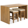5 Piece Outdoor Bar Set, Patio Acacia Wood Bar Height Table & Four Stools with Cushions, Wood Dining Bar Set for Backyard, Poolside, Balcony, Beige