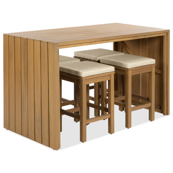 5 Piece Outdoor Bar Set, Patio Acacia Wood Bar Height Table & Four Stools with Cushions, Wood Dining Bar Set for Backyard, Poolside, Balcony, Beige