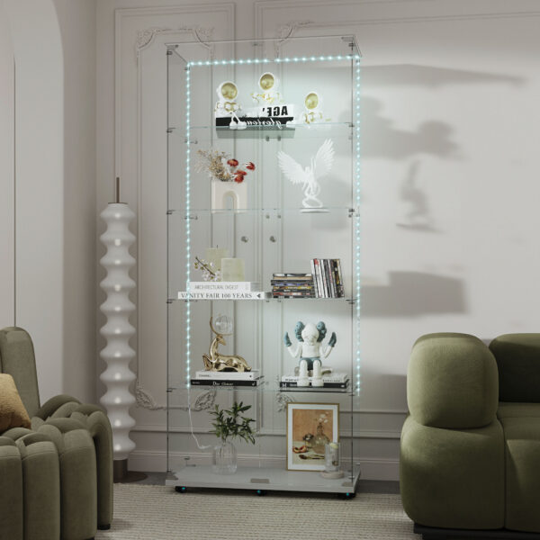 Tempered Glass Display Cabinet, Wine Cabinet, Storage Cabinet, File Cabinet with Bluetooth LED Light Strips, Lock on Door, Tempered Glass Top, Casters at Bottom for Easy Movement, Color: white