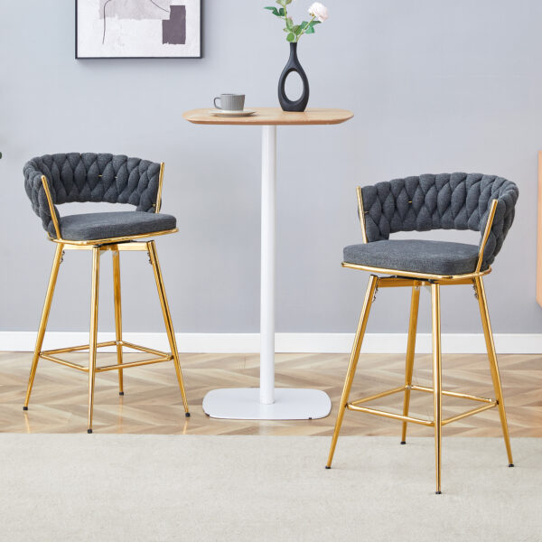 Two-piece rotating swivel chair, Dark gray cotton and linen soft seat, golden metal legs, rust-proof and wear-resistant, suitable for restaurant/bar high tables, lightweight single unit