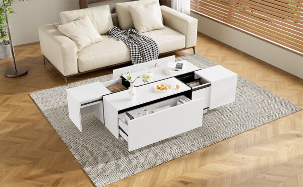 U-Can 47.2''-72.7'' Extendable Coffee Table, Multi-Functional Coffee Table with High-Gloss Finish, Coffee Table with 2 Hidden Storage Space and 2 Drawers for Living Room