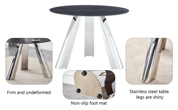 47e33caa7d71407eb88cc7b465ef73e2_24ae7d47b6a56258155b82559aa2e763 A 42-inch burn stone round table with stainless steel legs can accommodate 4 or 6 diners
