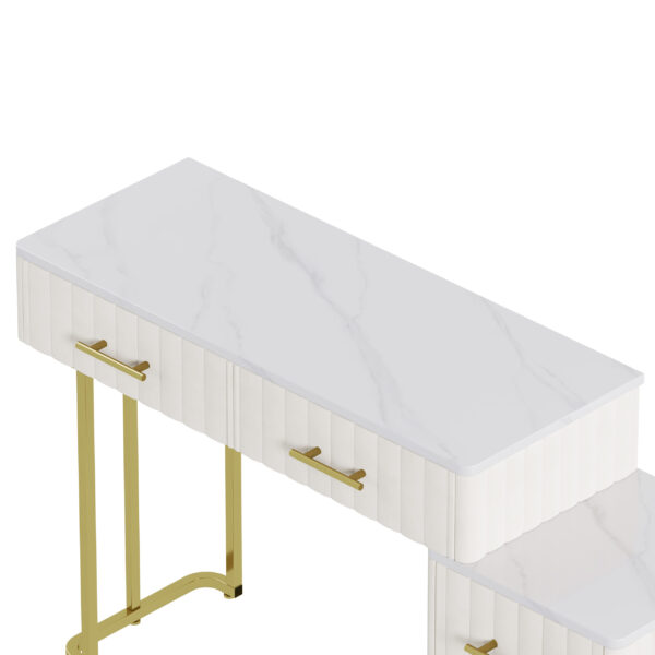 Velvet Upholstered Vanity Desk with Chair, Vanity Set with 5 Big Drawers, Makeup Table with Padded Chair, Marble-Look Sticker Top Dressing Table with Left/Right Adjustable Storage, Beige