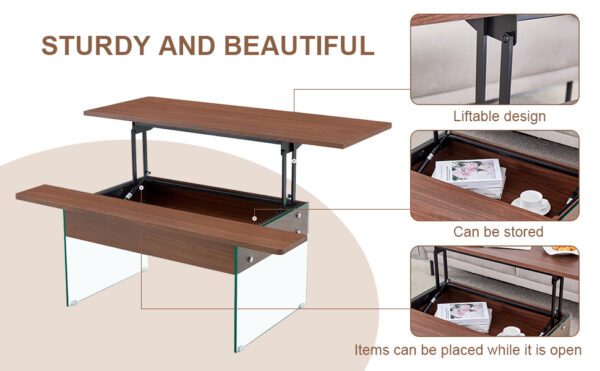 48715fb364254a0693c4c9fb07d4aca5_877aac661c83a8b591c79ec097005310 Multifunctional Lift Top Coffee Table -Dark Wood Color Grain Sticker, Essential for Modern Homes.Tempered Glass Legs,Lift Top Feature.Perfectly Fitting Into Living Rooms And Office.