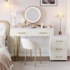 Velvet Upholstered Vanity Desk with Chair, Vanity Set with 5 Big Drawers, Makeup Table with Padded Chair, Marble-Look Sticker Top Dressing Table with Left/Right Adjustable Storage, Beige