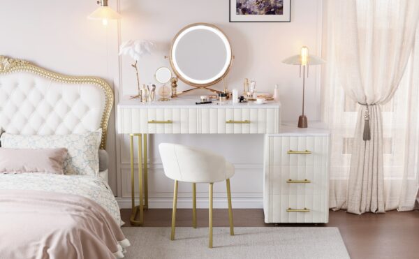 Velvet Upholstered Vanity Desk with Chair, Vanity Set with 5 Big Drawers, Makeup Table with Padded Chair, Marble-Look Sticker Top Dressing Table with Left/Right Adjustable Storage, Beige
