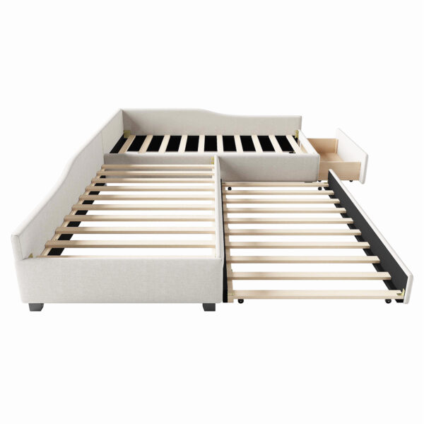 Upholstered Double Twin Size Daybed with Trundle and Drawer, Beige(Expected Arrival Time: 6.27)