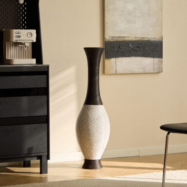 49f498b506ec48a3ae804db79b9ed52c_5e64d4b5e3c2fa08e179cd9367990900 39-Inch Tall Standing Designer Floor Vase - Durable Artificial Rattan - Elegant Two-Tone Dark Brown Finish - Ideal Decor Accent for Living Room, Bedroom, Entryway - Stylish Home Decor Statement Piece