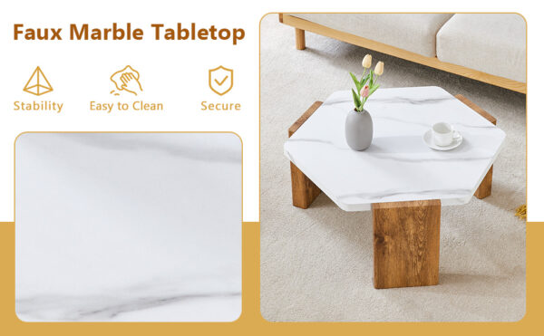 31-inch white marble-textured pentagonal coffee table - wooden triangular base, with a load-bearing capacity of 250 pounds, sturdy and durable, suitable for use in living rooms, cafes,.W1151138529
