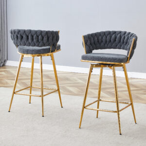 Two-piece rotating swivel chair, Dark gray cotton and linen soft seat, golden metal legs, rust-proof and wear-resistant, suitable for restaurant/bar high tables, lightweight single unit