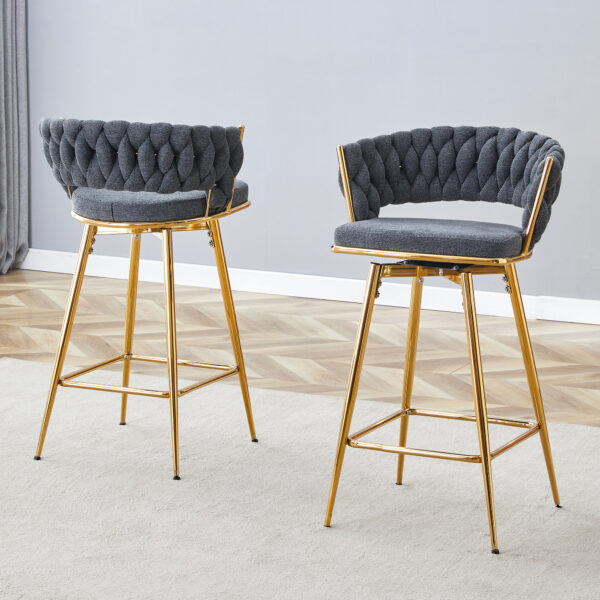 Two-piece rotating swivel chair, Dark gray cotton and linen soft seat, golden metal legs, rust-proof and wear-resistant, suitable for restaurant/bar high tables, lightweight single unit