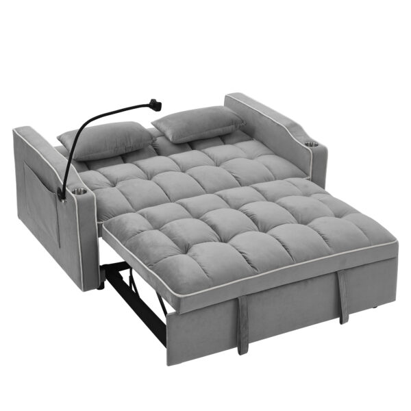55.51 inch versatile foldable sofa bed in 3 lengths, modern sofa sofa sofa velvet pull-out bed, adjustable back and with USB port and ashtray and swivel phone stand (Grey)