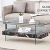 43.3 Inch Modern Two-Tier Coffee Table - An Elegant Combination of Clear Glass and Black Marble Pattern.It can be used not only as a coffee table but also as a side table or display stand.