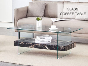 43.3 Inch Modern Two-Tier Coffee Table - An Elegant Combination of Clear Glass and Black Marble Pattern.It can be used not only as a coffee table but also as a side table or display stand.