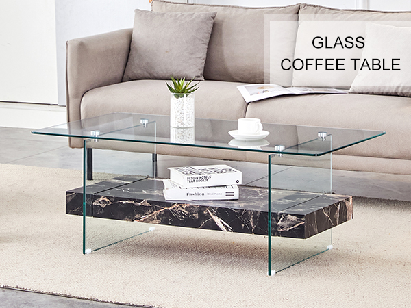 4ad3422d38804138875b794b292e9d4d_93daf29acddc5072ec59f15061318f54 43.3 Inch Modern Two-Tier Coffee Table - An Elegant Combination of Clear Glass and Black Marble Pattern.It can be used not only as a coffee table but also as a side table or display stand.