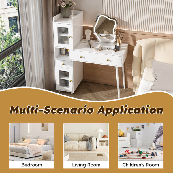 4b679eff7076423881b95b37902bc724_5250ada9c872a4267dddcedcf716784b Vanity Dressing Table with LED Mirror & Storage – White Makeup Desk Features 3 Drawers, 2 Open Shelves & 4 Hidden Cabinets (Transparent Doors) - 3 Adjustable Lighting Modes - Ideal for Bedroom or Livi