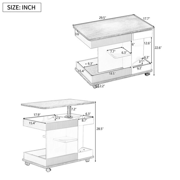 U-Can Adjustable End Table with Wheels, Modern Multifunctional Sofa Side Table with Lift-Top, 360°Rotating Top and Storage Space for Living Room, Small Space