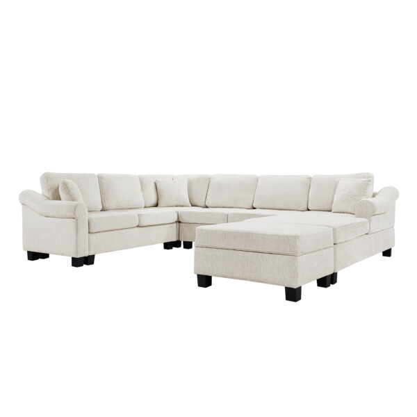 Sectional Sofa 111.8" U-shaped Sofa Chenille Upholstered Sofa Couch with Movable Storage Ottoman for Living Room, White